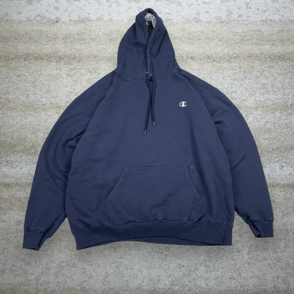 Vintage Y2K Champion Hoodie Mens 2XL Navy Blue Cotton Grey Embroidered Logo